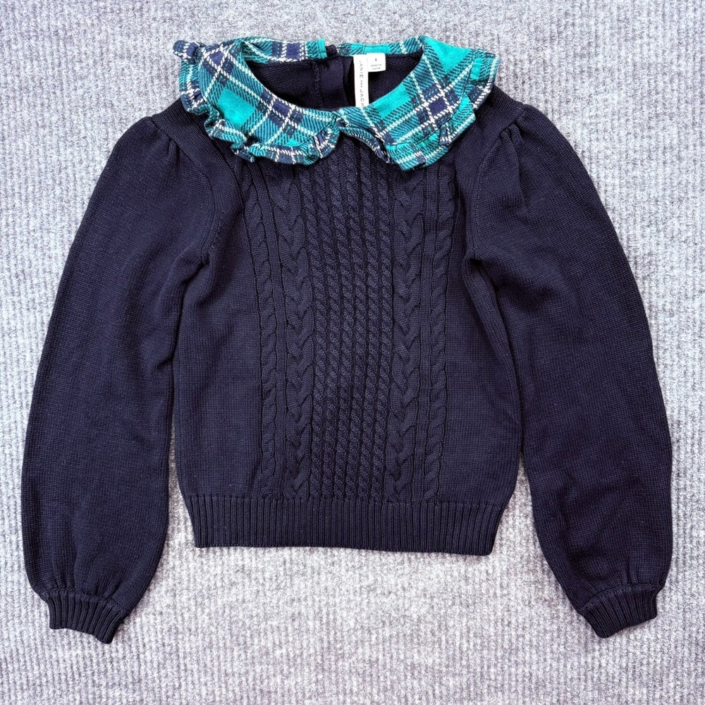 Janie and Jack Girls Navy Cable Knit Sweater Green Plaid Ruffle Collar Size 8